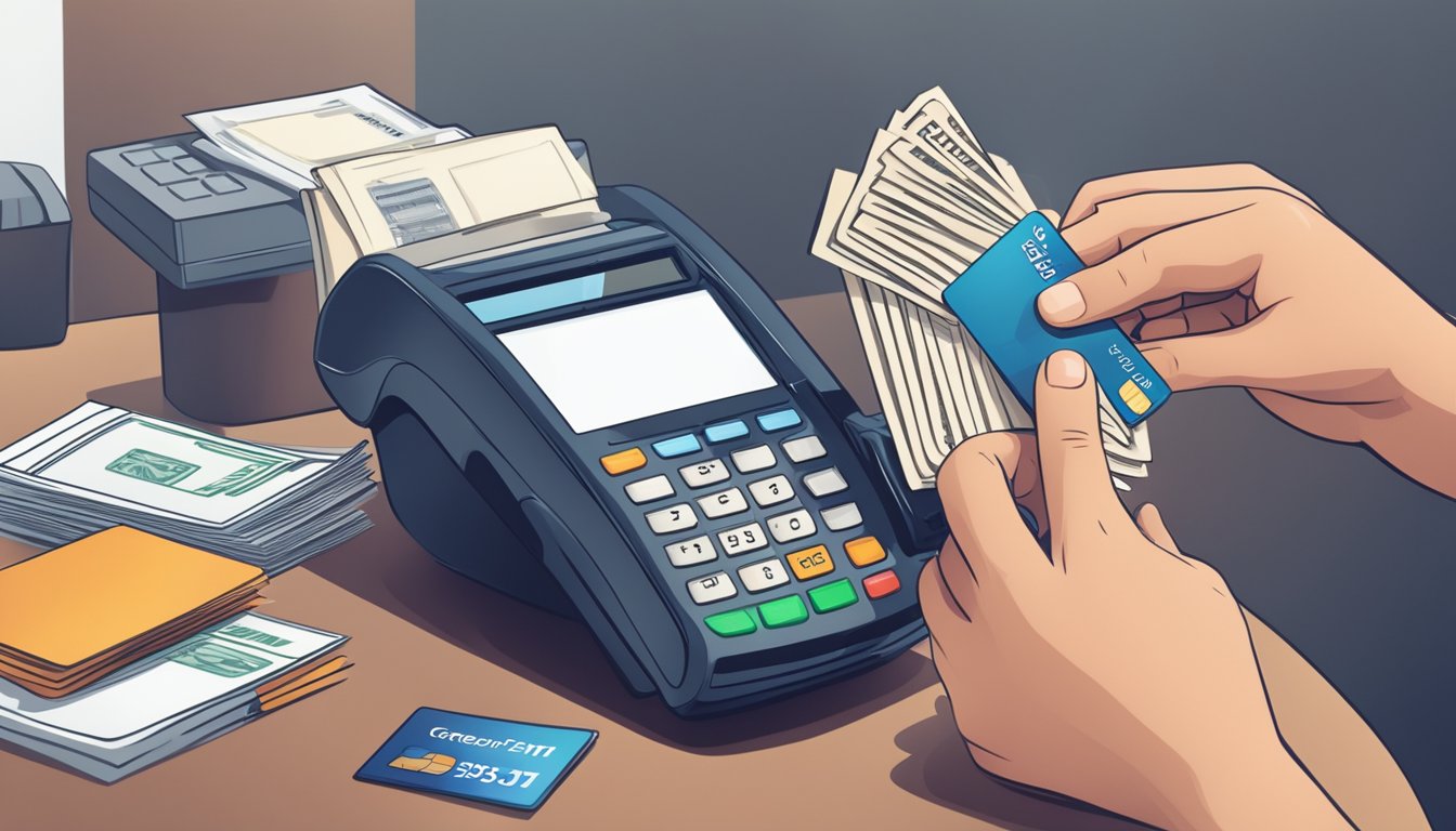A person swiping a credit card at a payment terminal with a stack of bills and a credit report in the background