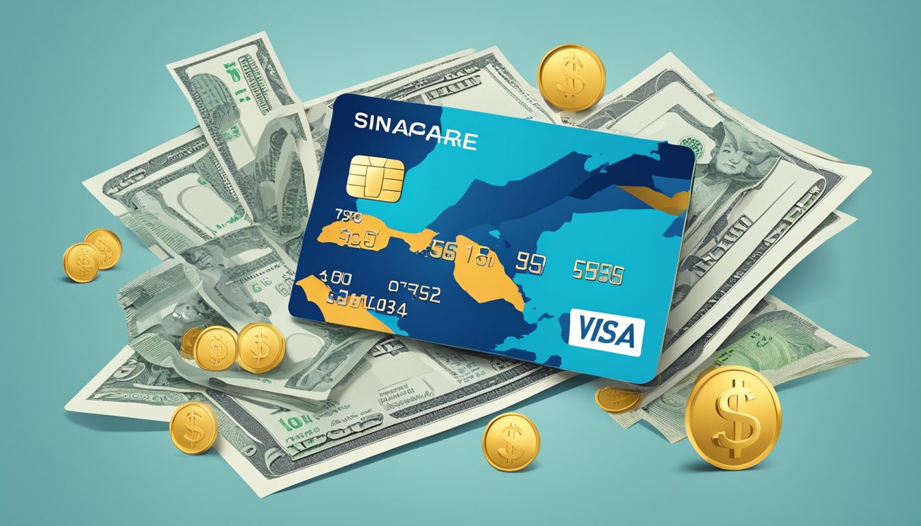 A credit card surrounded by dollar signs, interest rate percentages, and various fees and charges, with a map of Singapore in the background
