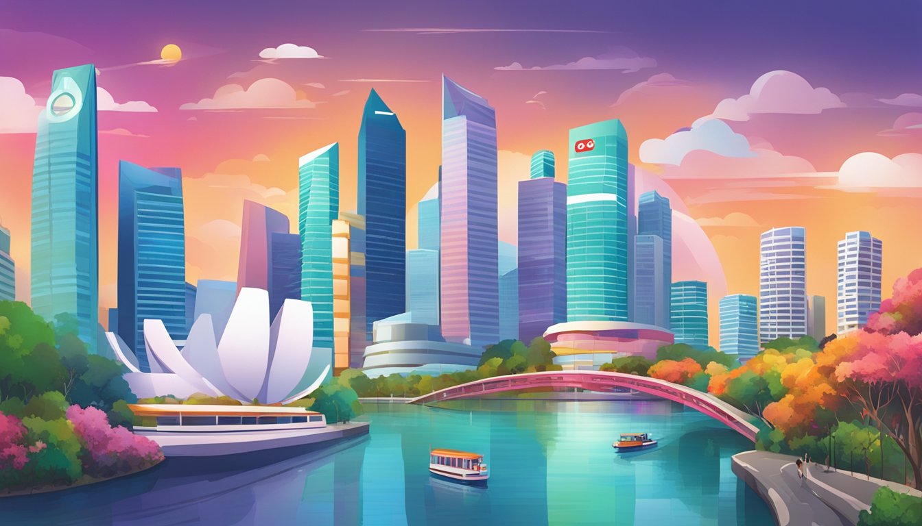A colorful, vibrant cityscape with iconic Singapore landmarks in the background, and a prominent OCBC 360 debit card in the foreground