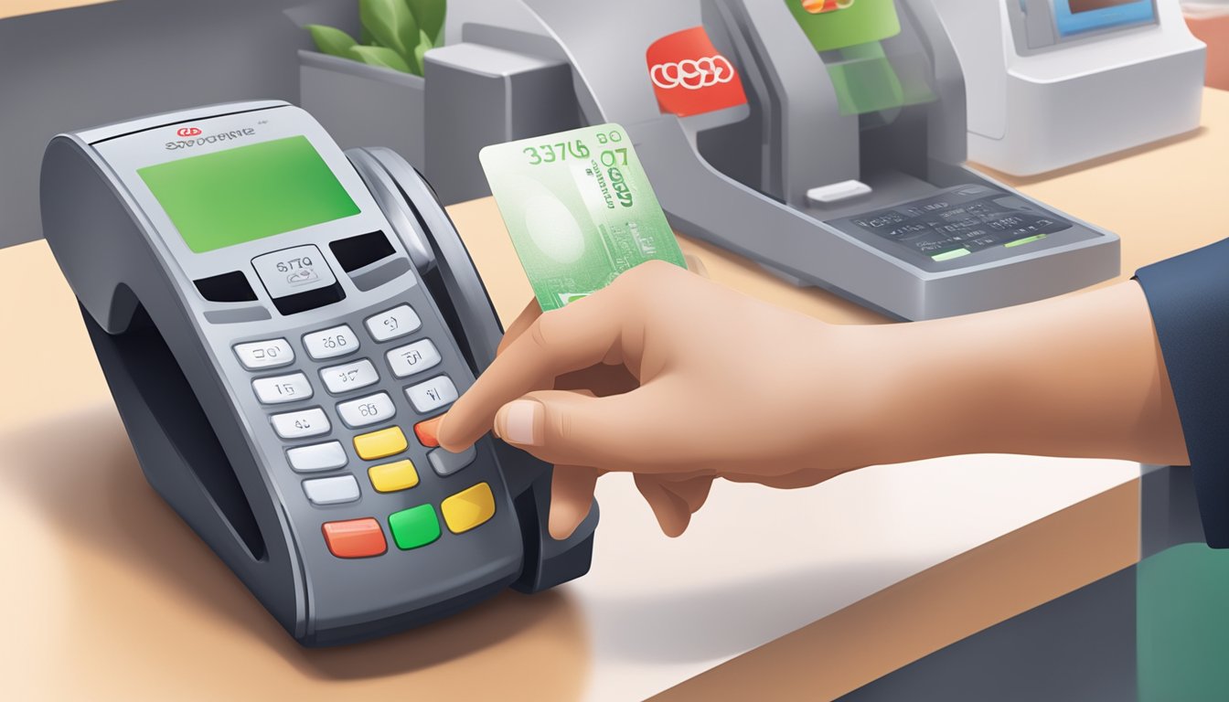A person swiping an OCBC 360 debit card at a Singaporean store's payment terminal