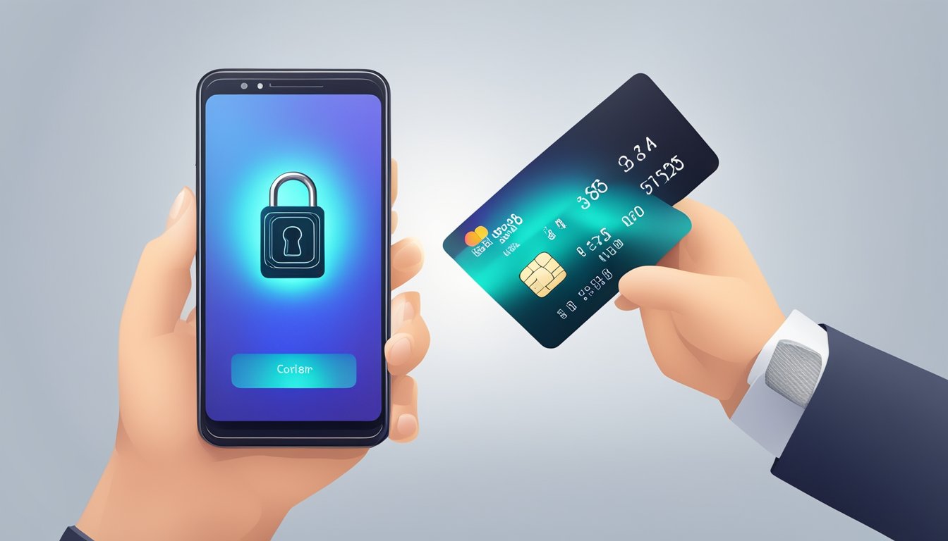 A credit card with a padlock symbol, fingerprint scanner, and secure chip. A mobile app with transaction alerts and biometric login