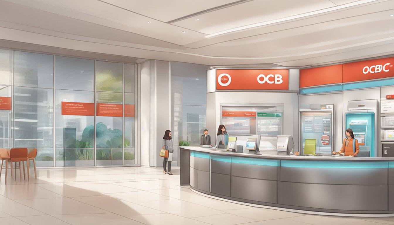 The OCBC 360 debit card displayed with a list of frequently asked questions, surrounded by a modern and clean banking environment