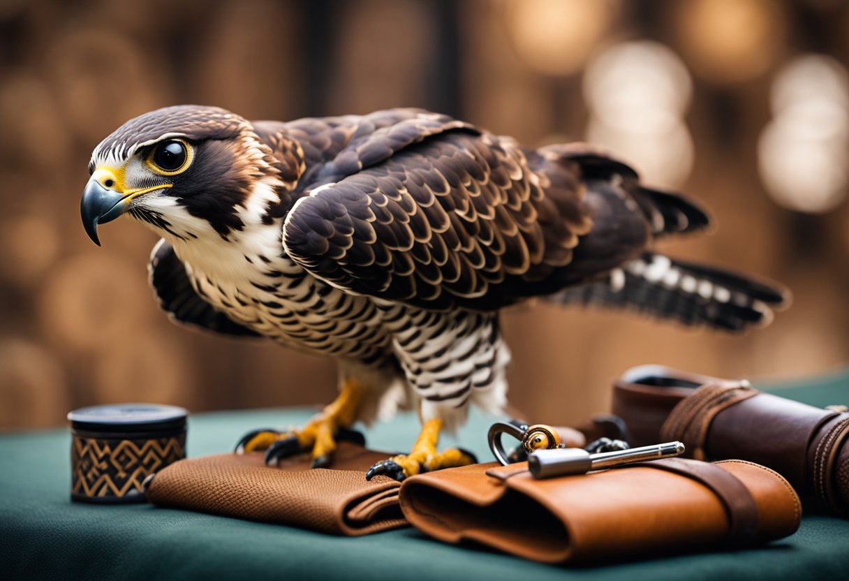 A falcon perched on a leather-gloved hand, surrounded by traditional falconry tools and symbols from various cultures