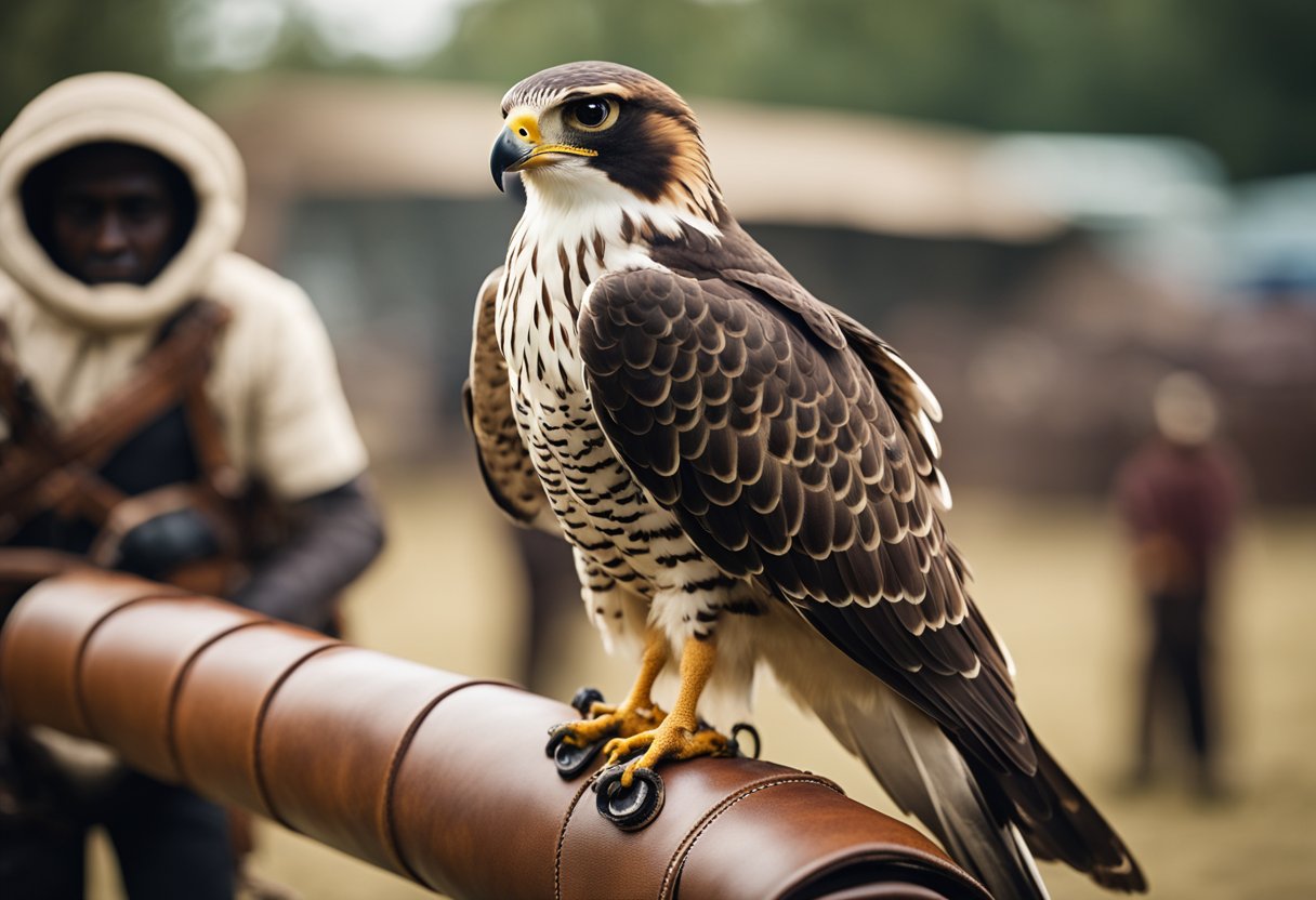 A falcon perches on a leather glove, surrounded by traditional falconry equipment and cultural artifacts from various regions