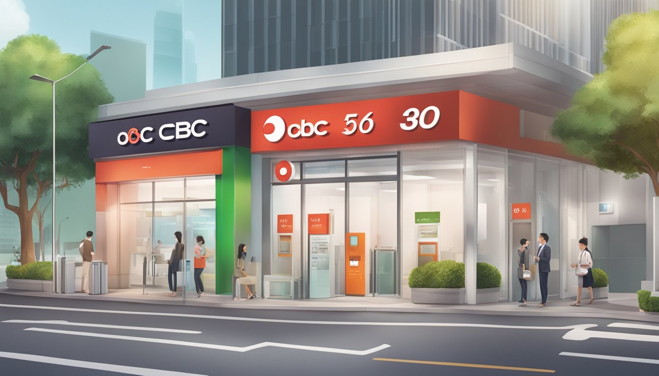 A scene of a bank branch with a sign "OCBC 360" and "Fall Below Fee" in Singapore, with additional perks and features displayed
