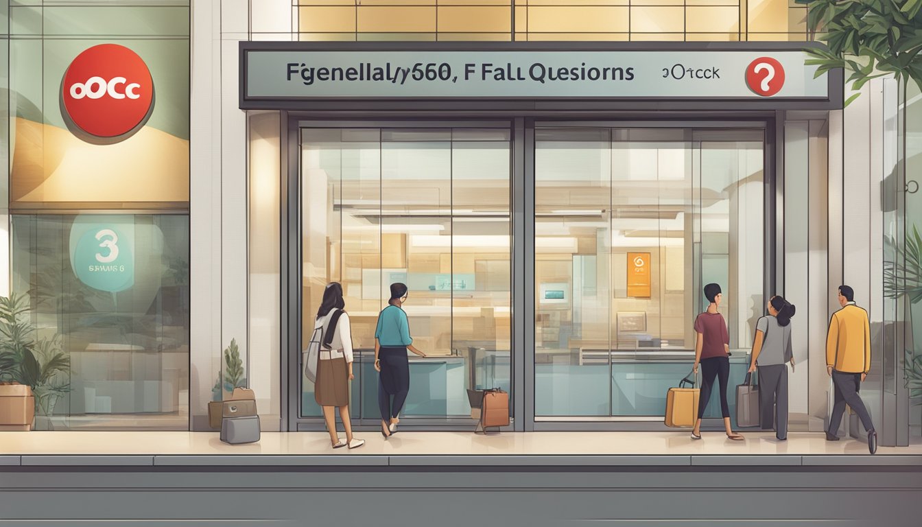 A sign displaying "Frequently Asked Questions" and "OCBC 360 Fall Below Fee Singapore" with the bank's logo in the background