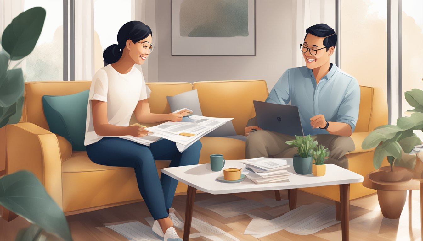 A couple happily discussing the benefits of OCBC 360 Joint Account in a cozy living room with financial documents spread out on the coffee table