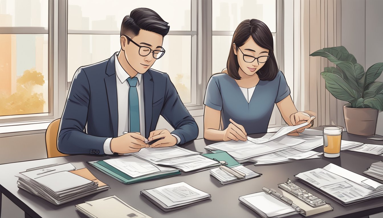 A couple sits at a table, reviewing their OCBC 360 joint account in Singapore, surrounded by financial documents and a calculator