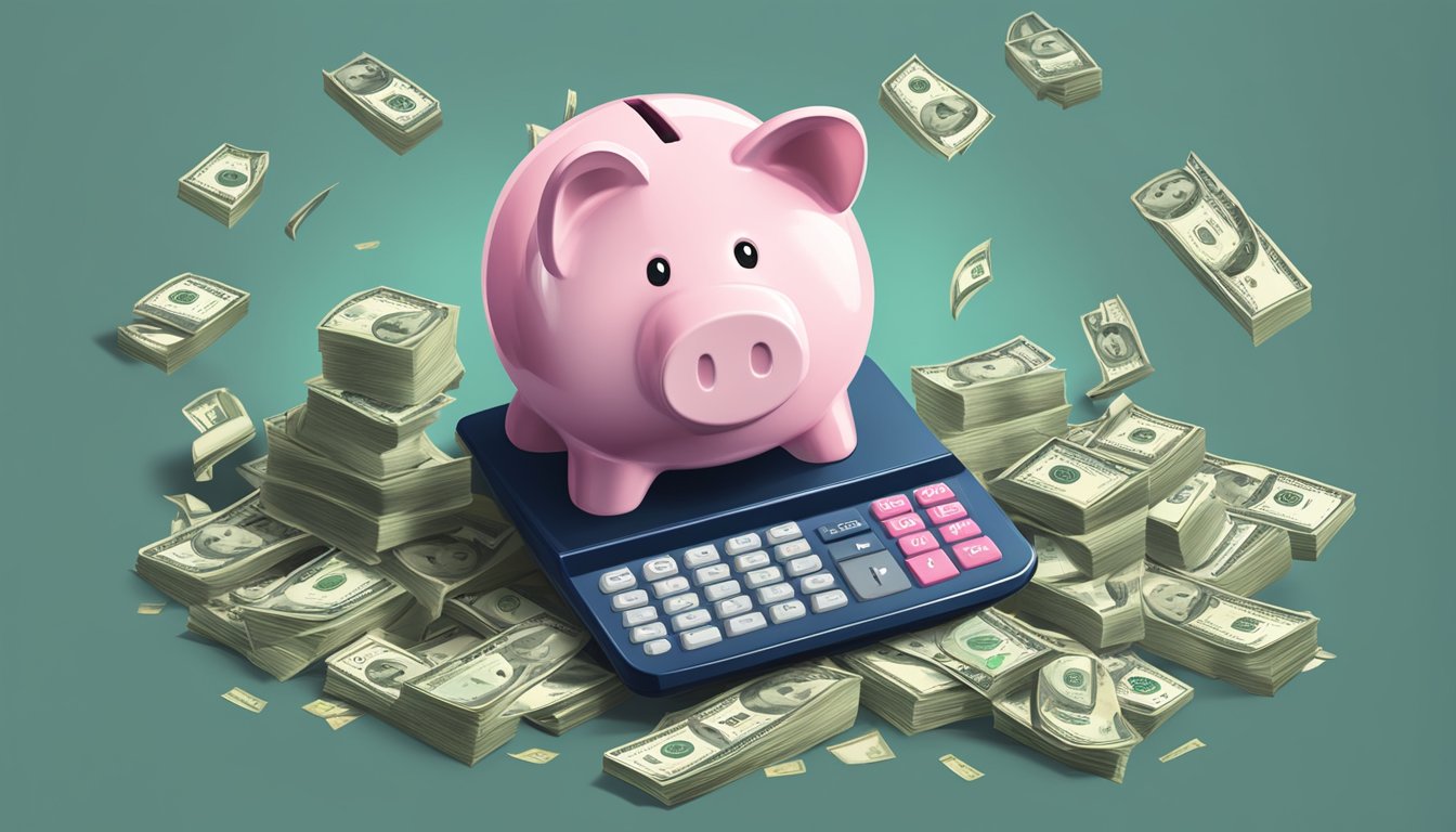 A piggy bank overflowing with money, surrounded by dollar signs and a calculator displaying increasing numbers