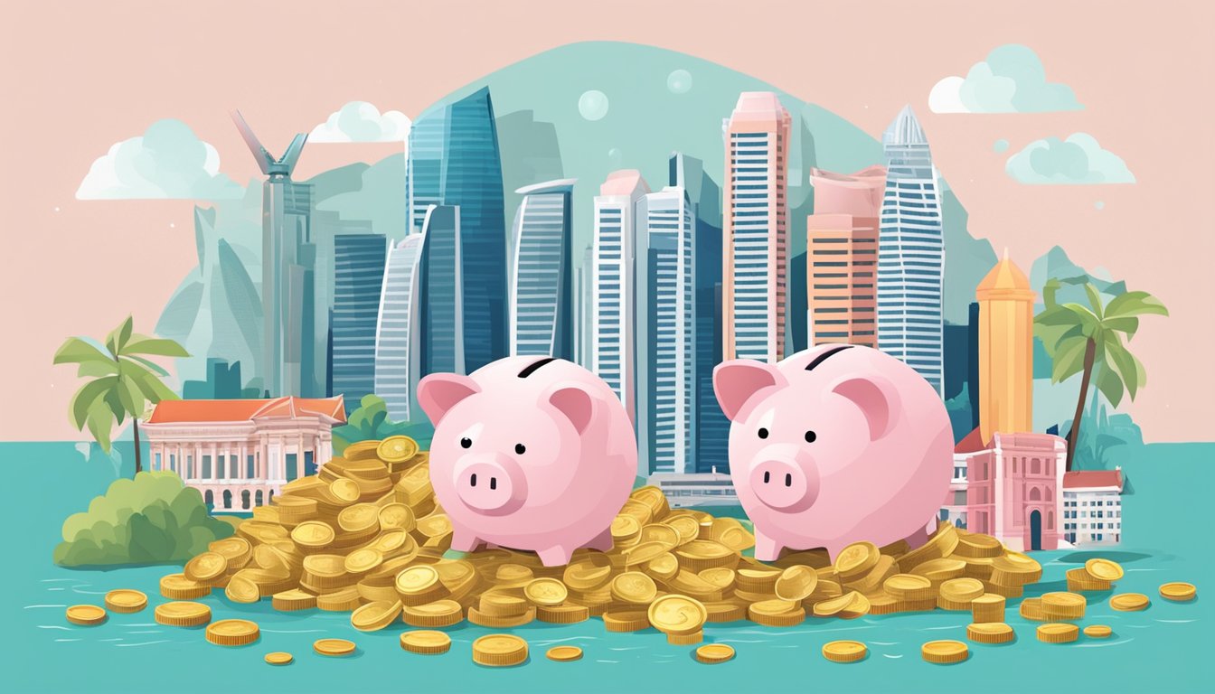 A piggy bank surrounded by Singapore landmarks, with money pouring into it