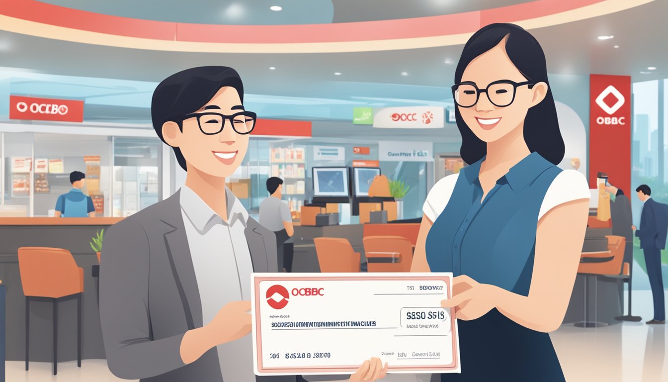 A person receiving a reward from OCBC 360 Save Bonus in Singapore. The scene includes a bank teller handing over a check or a digital transfer confirmation to the customer