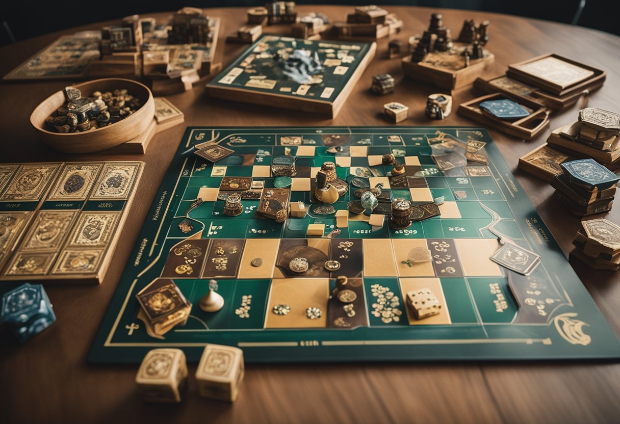 A diverse array of board games from different cultures, including ancient and modern classics, are spread out on a table