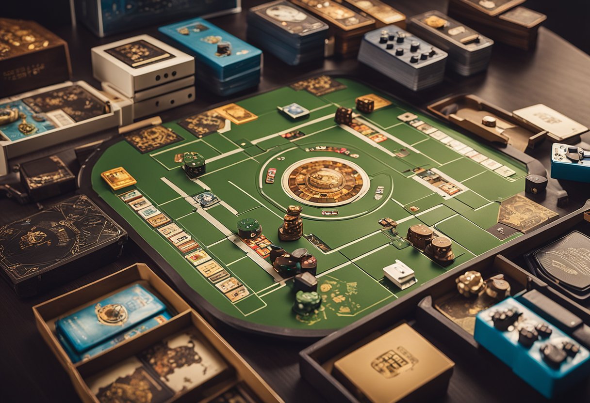 A table filled with various board games, surrounded by modern gadgets and devices, showcasing the evolution of gaming from ancient pastimes to modern classics