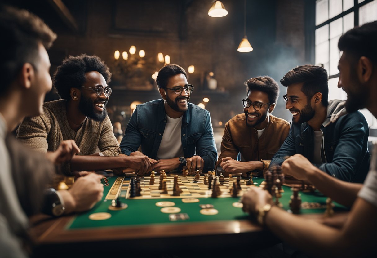 A diverse group of people from different cultures gather around a table, playing various board games from ancient times to modern classics. The room is filled with laughter and friendly competition as players immerse themselves in the global gaming community