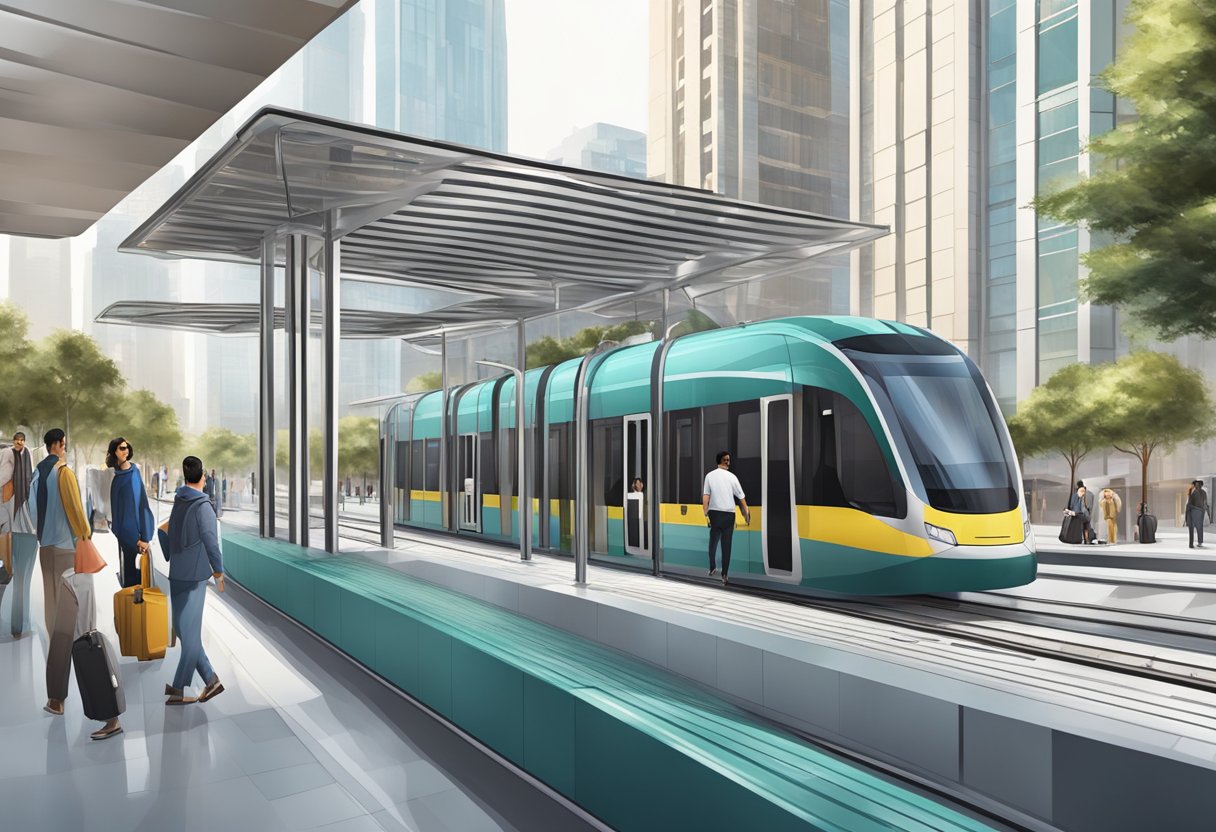 The Al Sufouh tram station bustles with commuters under a modern glass canopy, surrounded by sleek tracks and towering city buildings
