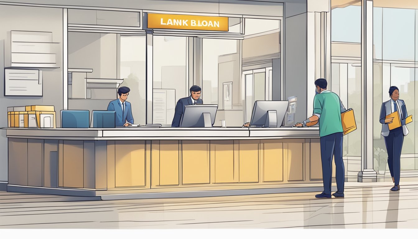 A person submitting documents for a loan at a bank counter