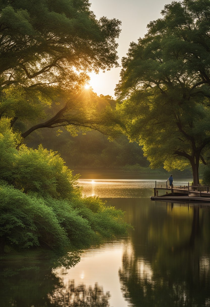 The sun sets over the calm, glassy waters of Woodway Park's prime fishing spots in Waco. Lush greenery surrounds the tranquil scene