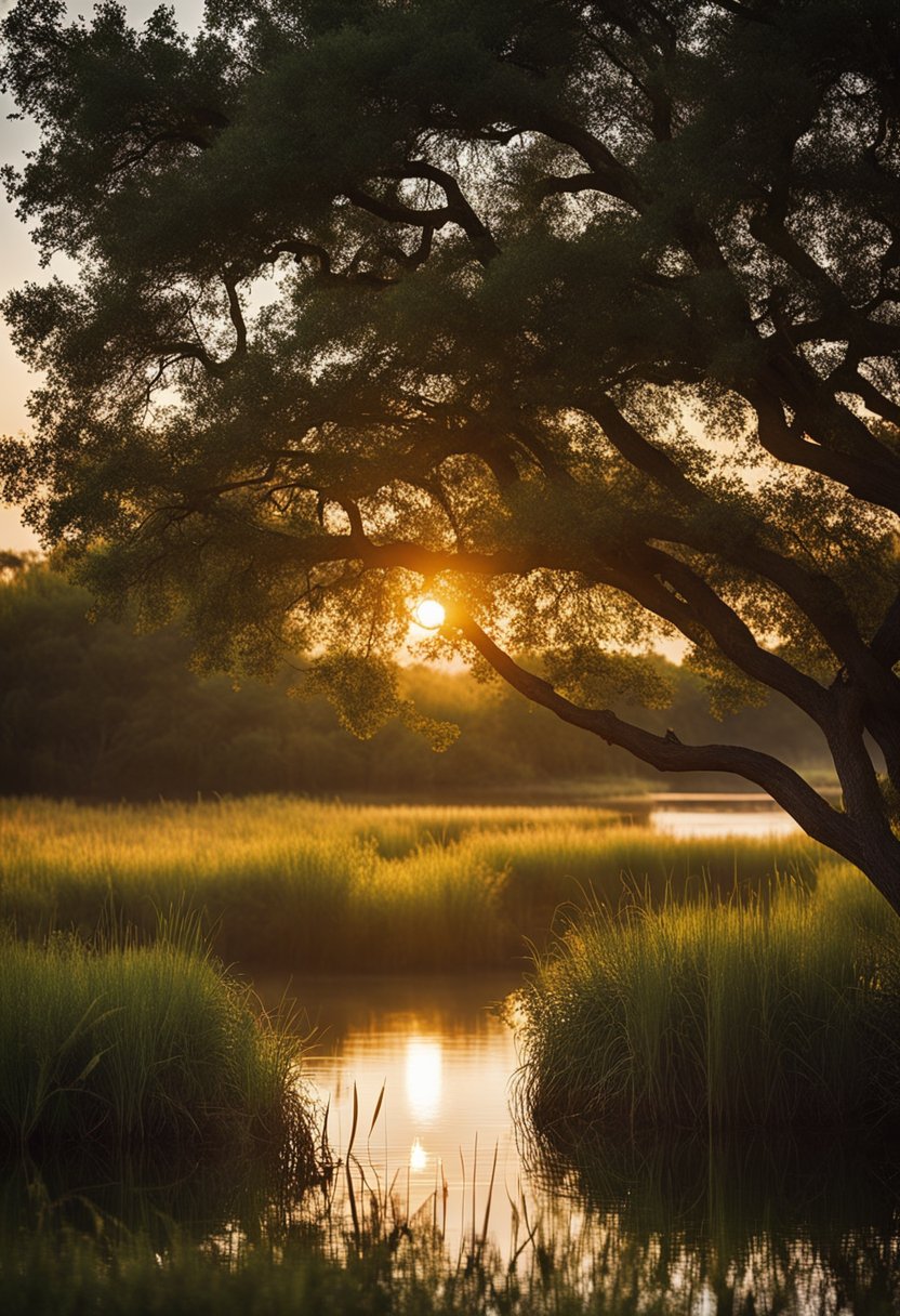 The sun sets over Lake Waco Wetlands, casting a warm glow on the tranquil water. Fishing spots dot the park, surrounded by lush greenery and the sounds of nature