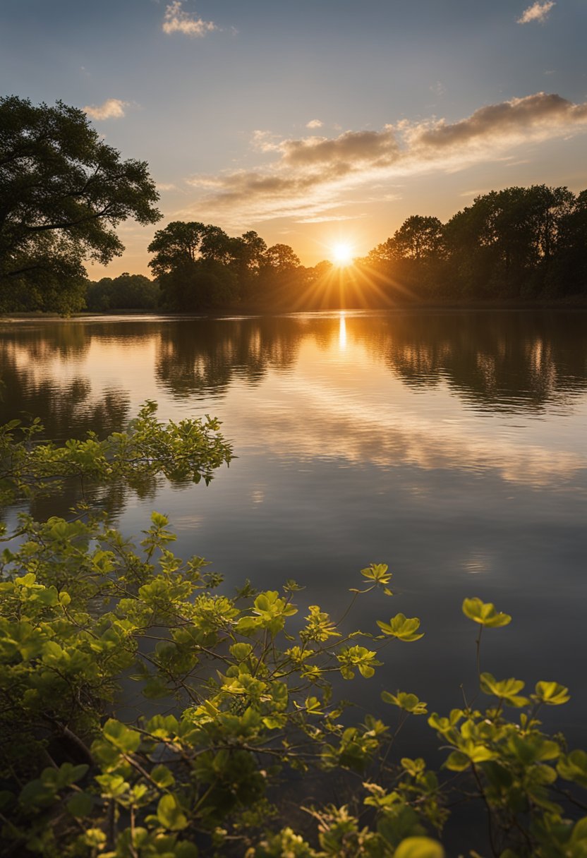 The sun sets over the calm waters of Brazos Park East, highlighting the best fishing spots nestled along the shoreline in Waco Park