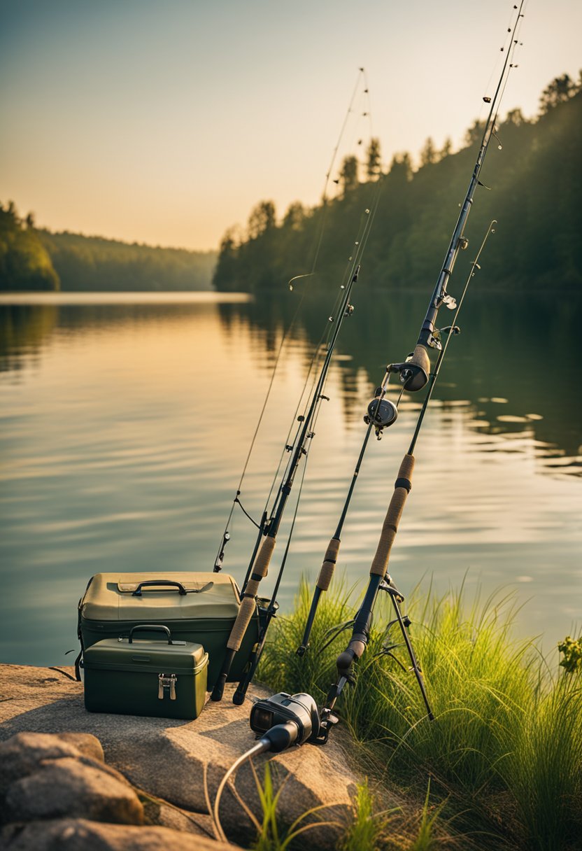 A serene lake surrounded by lush greenery, with a fishing rod and tackle box set up on the shore. The sun is casting a warm glow over the water, creating a peaceful and inviting atmosphere for fishing