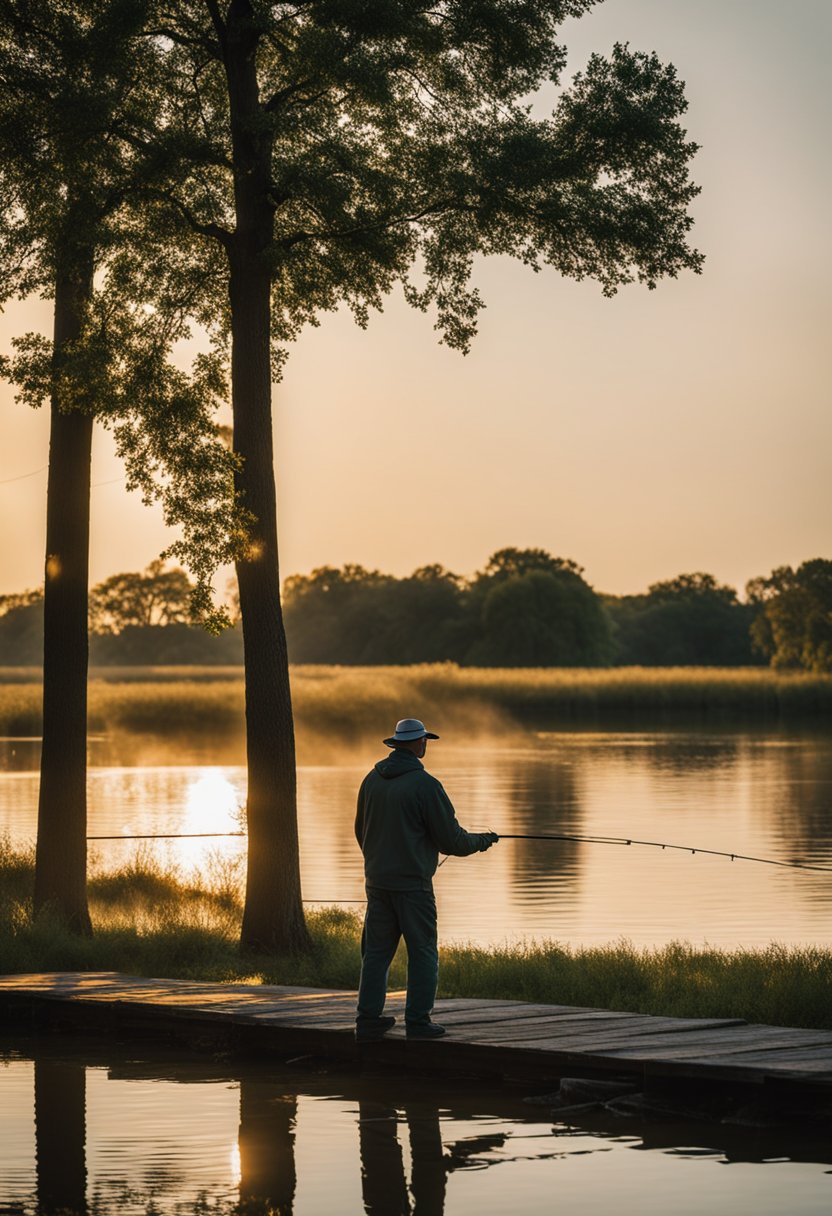 Fishermen casting lines at designated spots in Waco Park, following local fishing laws