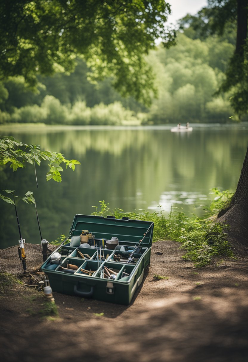 A serene lake surrounded by lush greenery, with fishing rods and tackle boxes scattered along the shore. A sign reads "Best Fishing Spots in Waco Park."