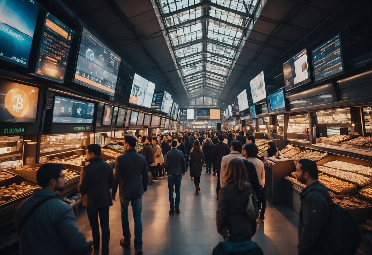 A bustling marketplace with digital screens and people trading cryptocurrency