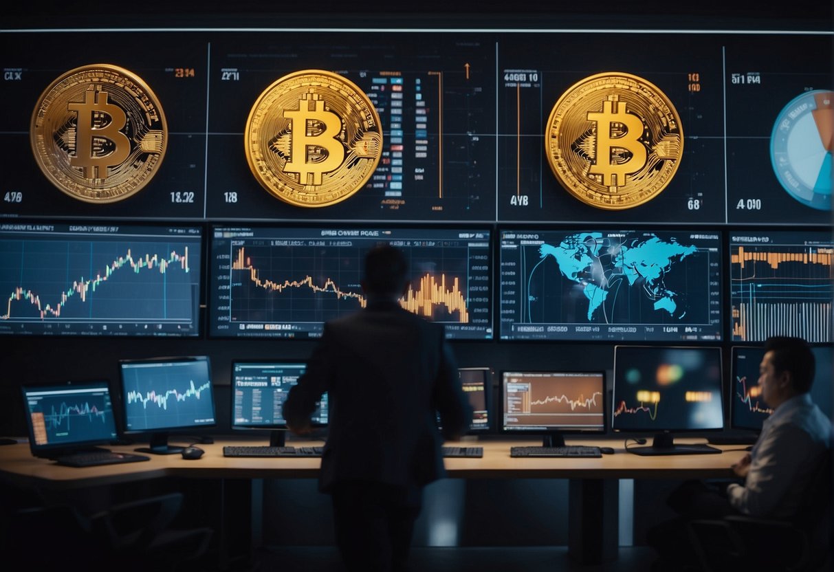 A bustling marketplace of digital currencies, with charts and graphs displayed on screens, traders exchanging tokens, and a sense of excitement in the air