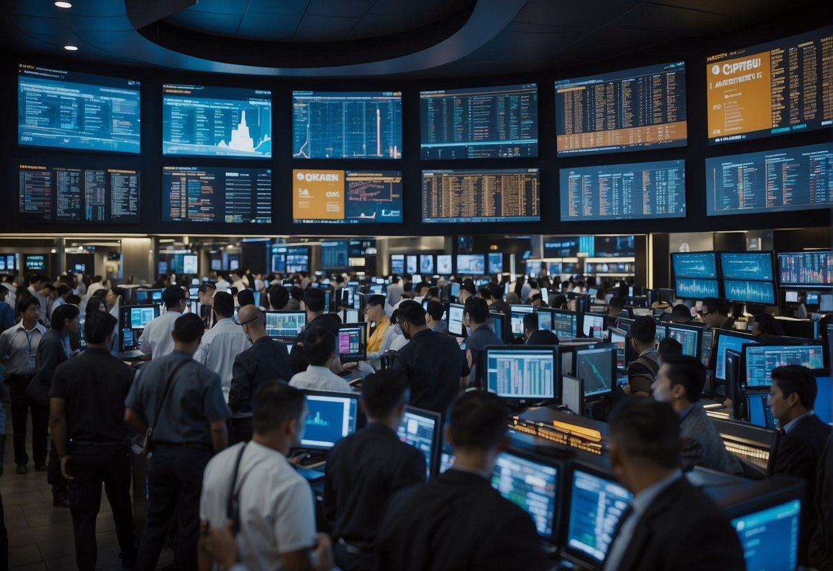A bustling marketplace with digital currency logos adorning booths and screens, as traders exchange crypto assets with high-tech security measures in place