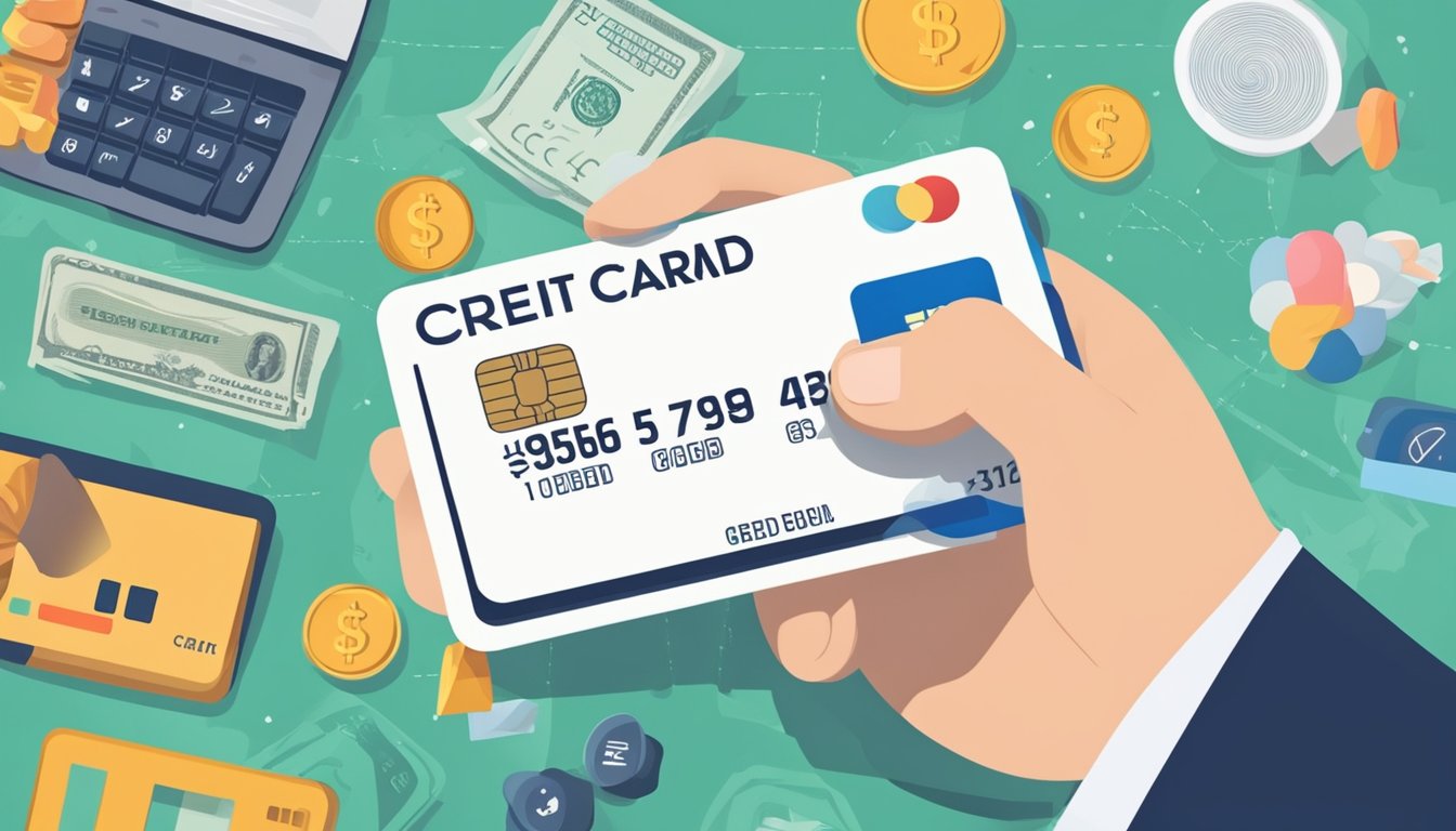 A hand holding a credit card with a line of credit written on it, surrounded by various financial symbols and icons