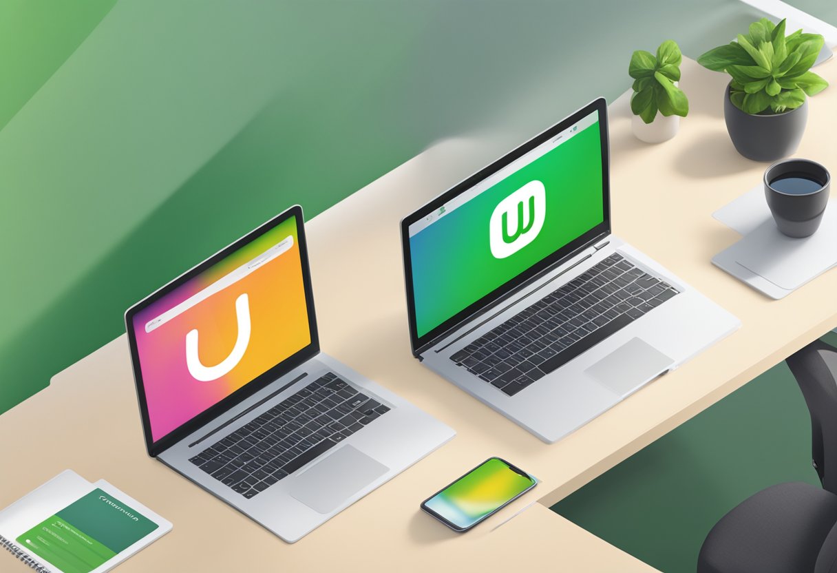 Two computer screens side by side, one displaying Upwork's logo and the other showing Flexjobs' logo. A desk with a laptop and a notebook in the background