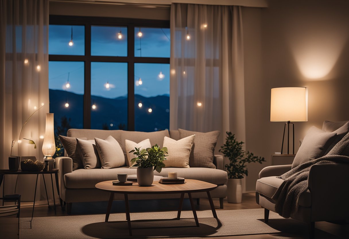 A cozy living room with warm, soft lighting from multiple sources. A table lamp casts a gentle glow, while overhead lights provide overall brightness. Curtains are drawn, creating a soft, diffused light throughout the room