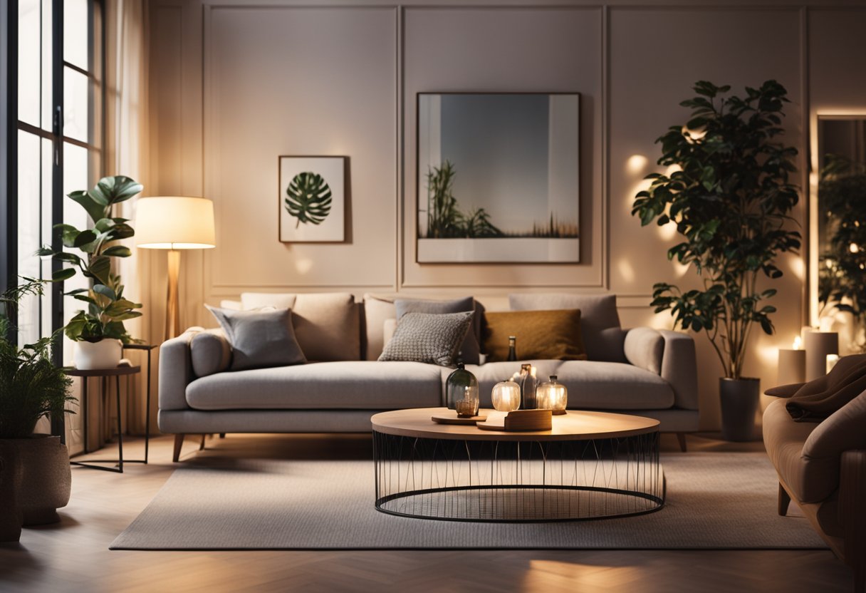 A cozy living room with warm lighting, casting a soft glow on the furniture and decor. The light creates a welcoming and relaxing atmosphere, perfect for unwinding after a long day