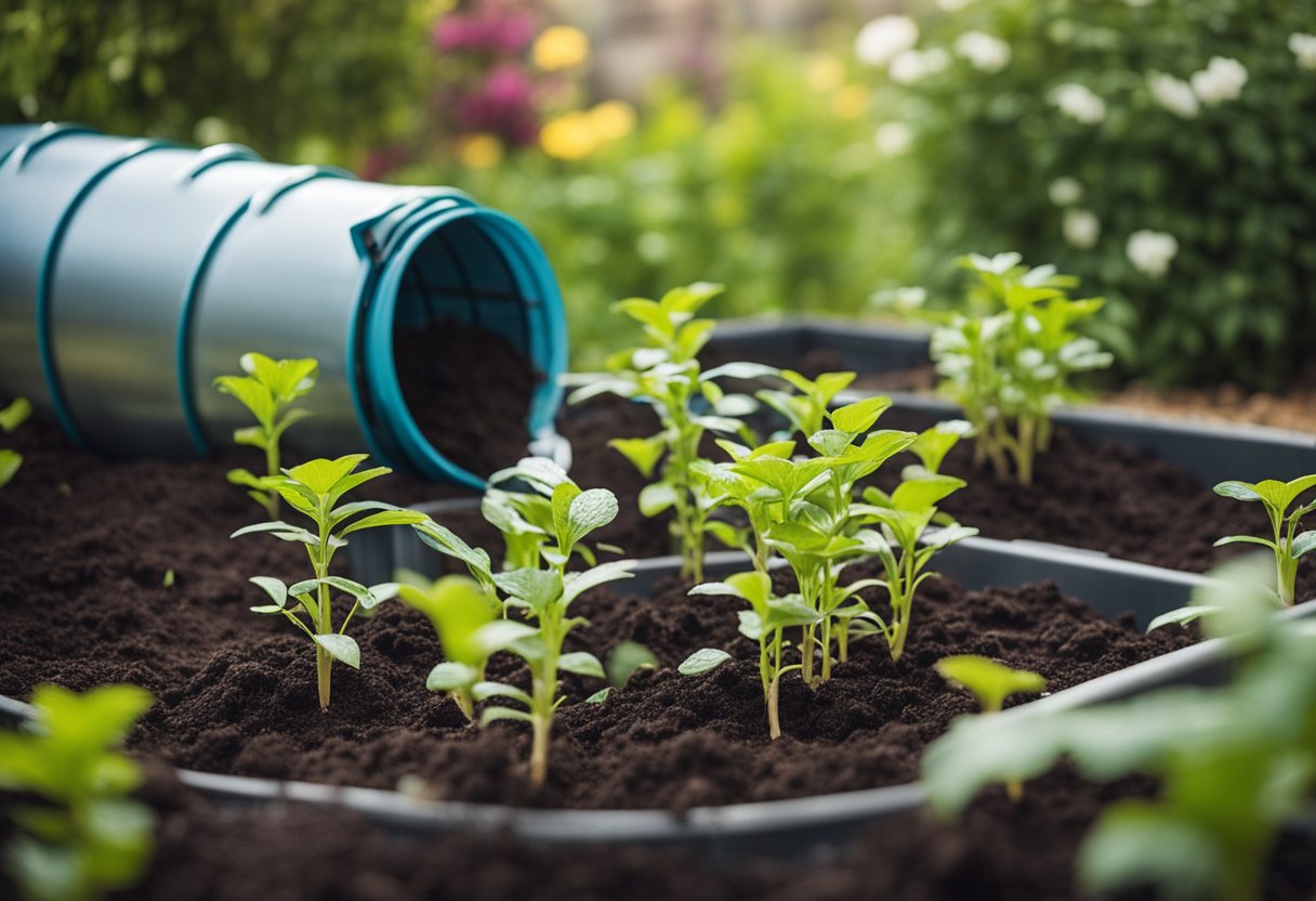 A garden with water-saving techniques in use: rain barrels, drip irrigation, and mulch covering the soil