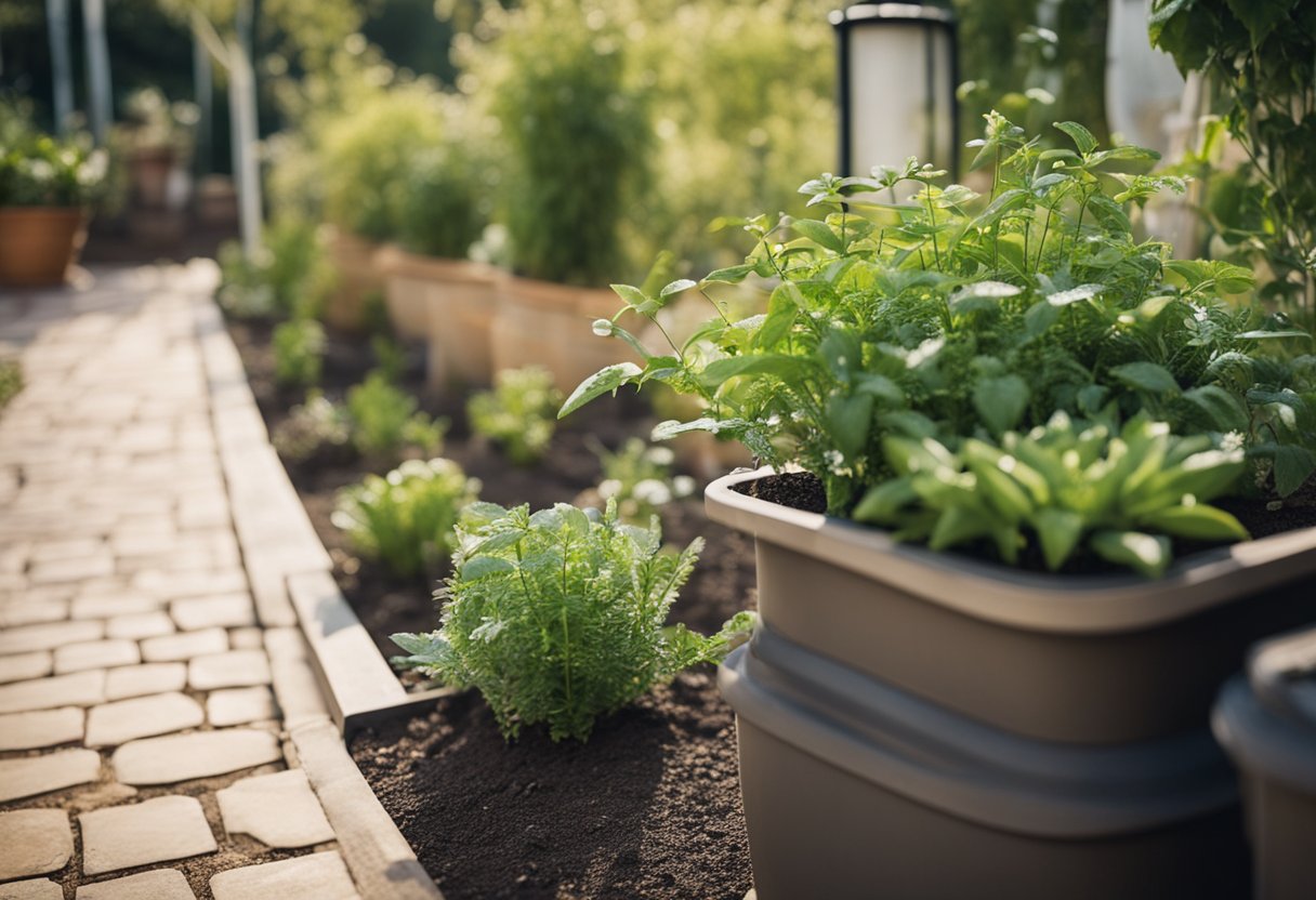 A garden with water-saving features: rain barrels, drip irrigation, and drought-resistant plants