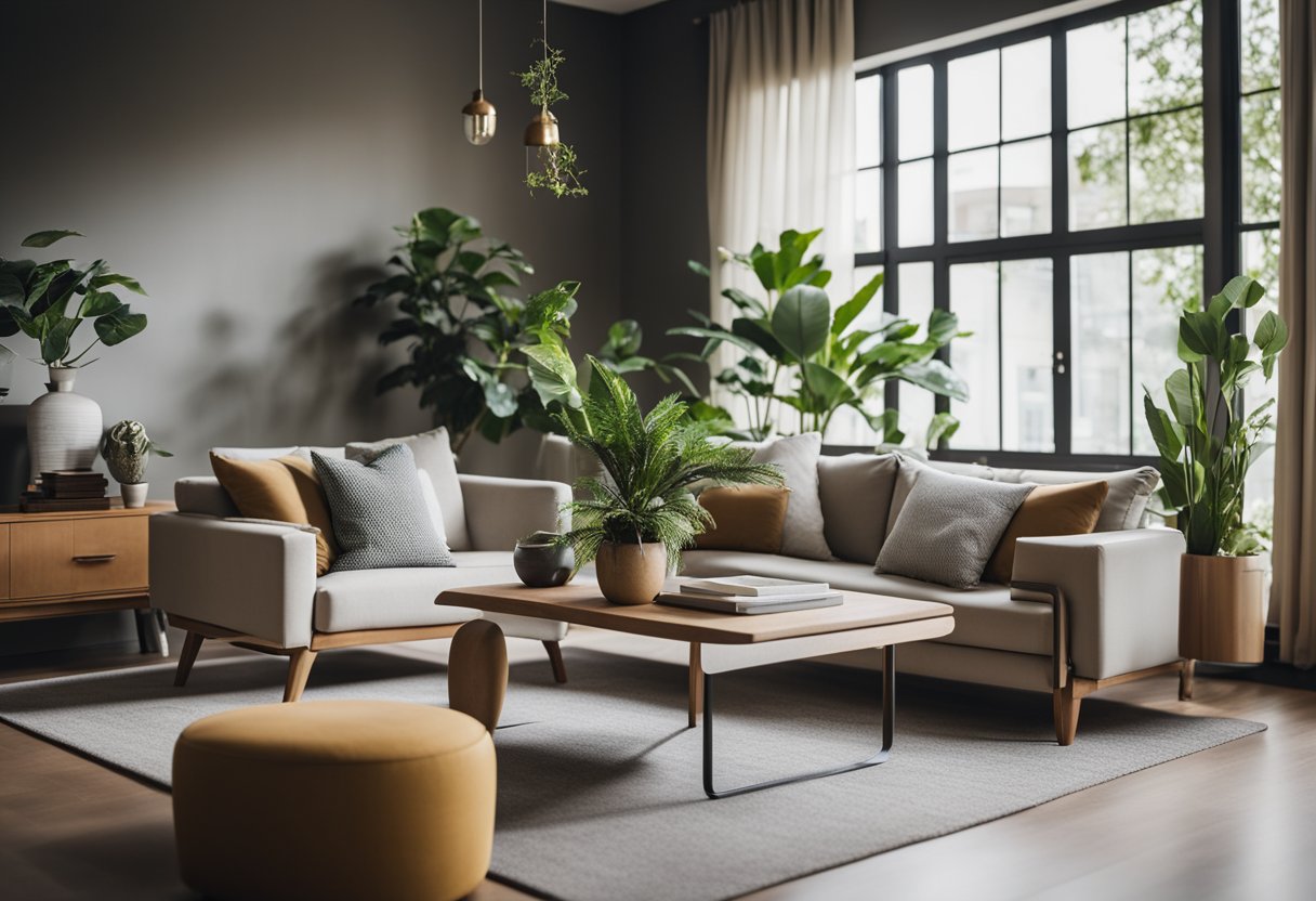 A living room with balanced furniture arrangement, natural light, and plants for a harmonious home according to Feng Shui principles