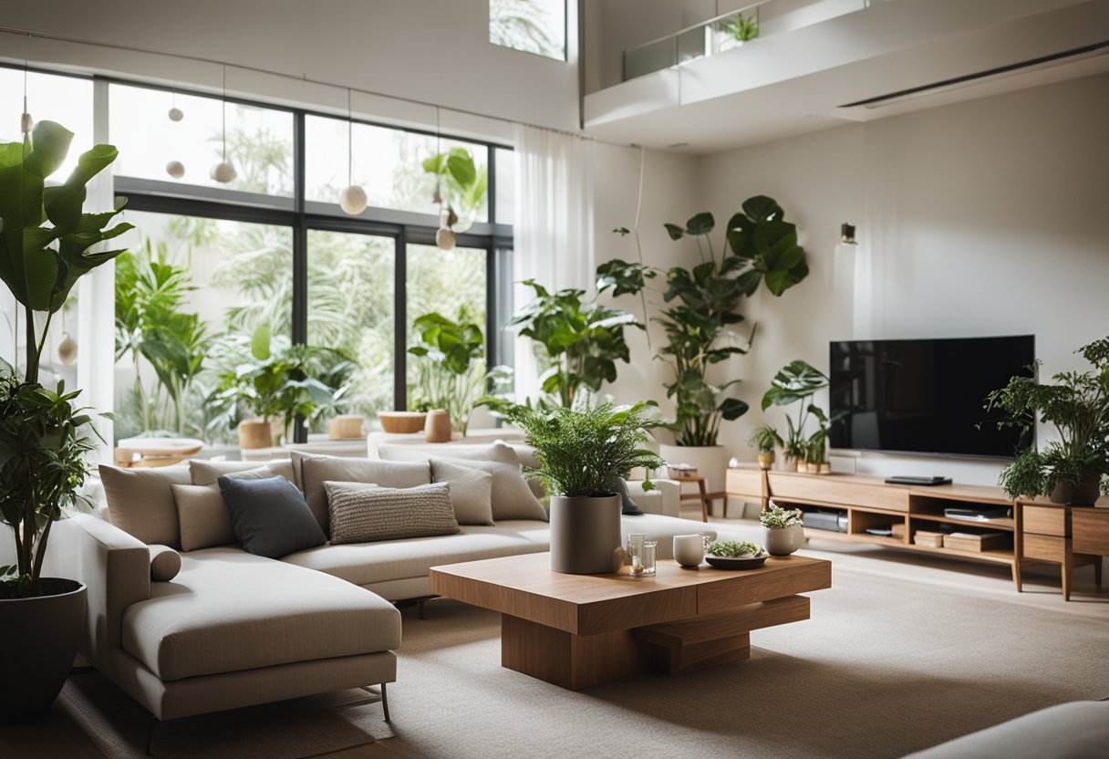 A well-lit living room with balanced furniture arrangement and natural elements, like plants and water features, creating a sense of harmony and tranquility