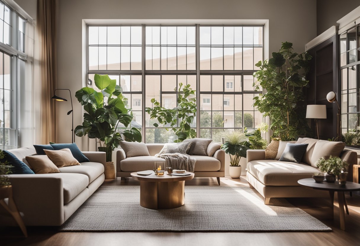 A cozy living room with a smartphone displaying home improvement and design apps. Bright natural light streams in through the window, illuminating the stylish furniture and decor