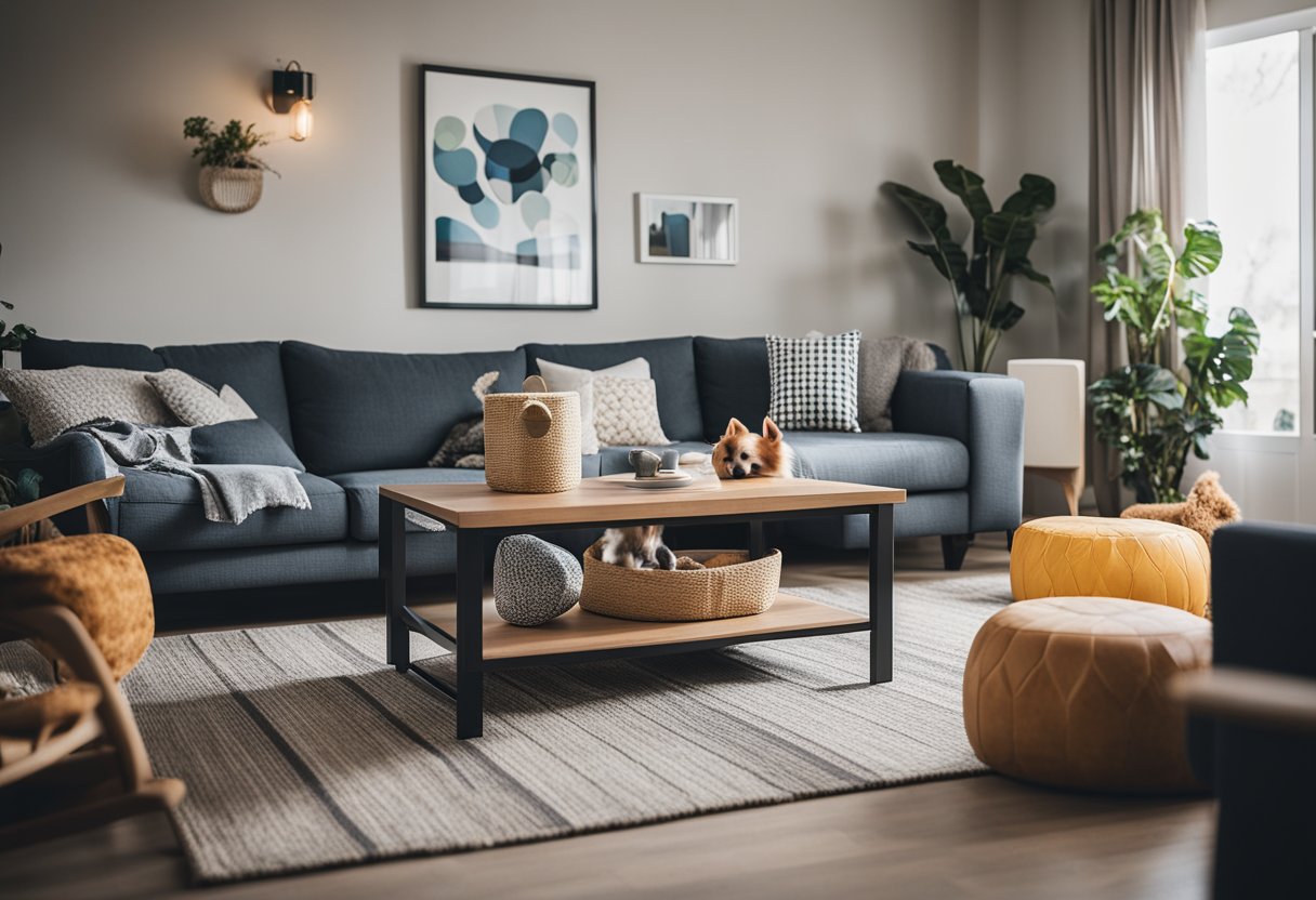 A cozy living room with pet-friendly furniture and toys scattered around. Safety gates and food bowls are visible, along with a comfortable pet bed