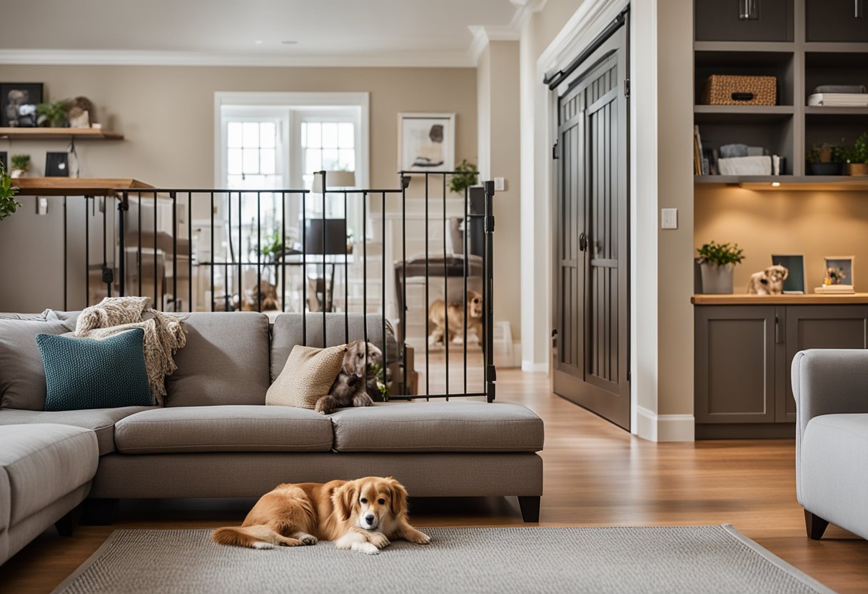 A cozy living room with pet-friendly furniture, secure cabinets, and toys scattered on the floor. A pet gate blocks off the stairs, and a pet bed sits in the corner