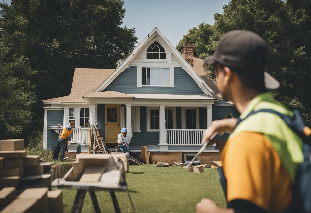 A house being renovated outdoors, with workers painting, landscaping, and adding new features to increase its value