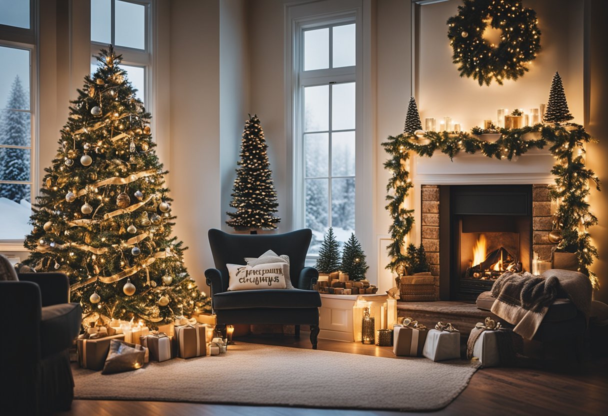 A cozy living room decorated for Christmas with a festive wreath on the door, twinkling lights on the tree, and stockings hung by the fireplace