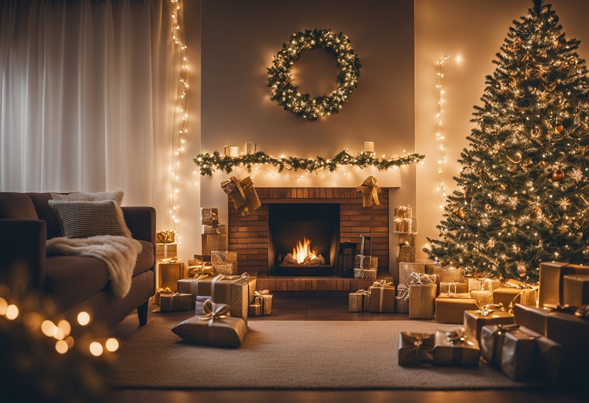 A cozy living room with a crackling fireplace, adorned with twinkling lights and festive garlands. A beautifully decorated Christmas tree stands in the corner, surrounded by presents and a warm, inviting atmosphere