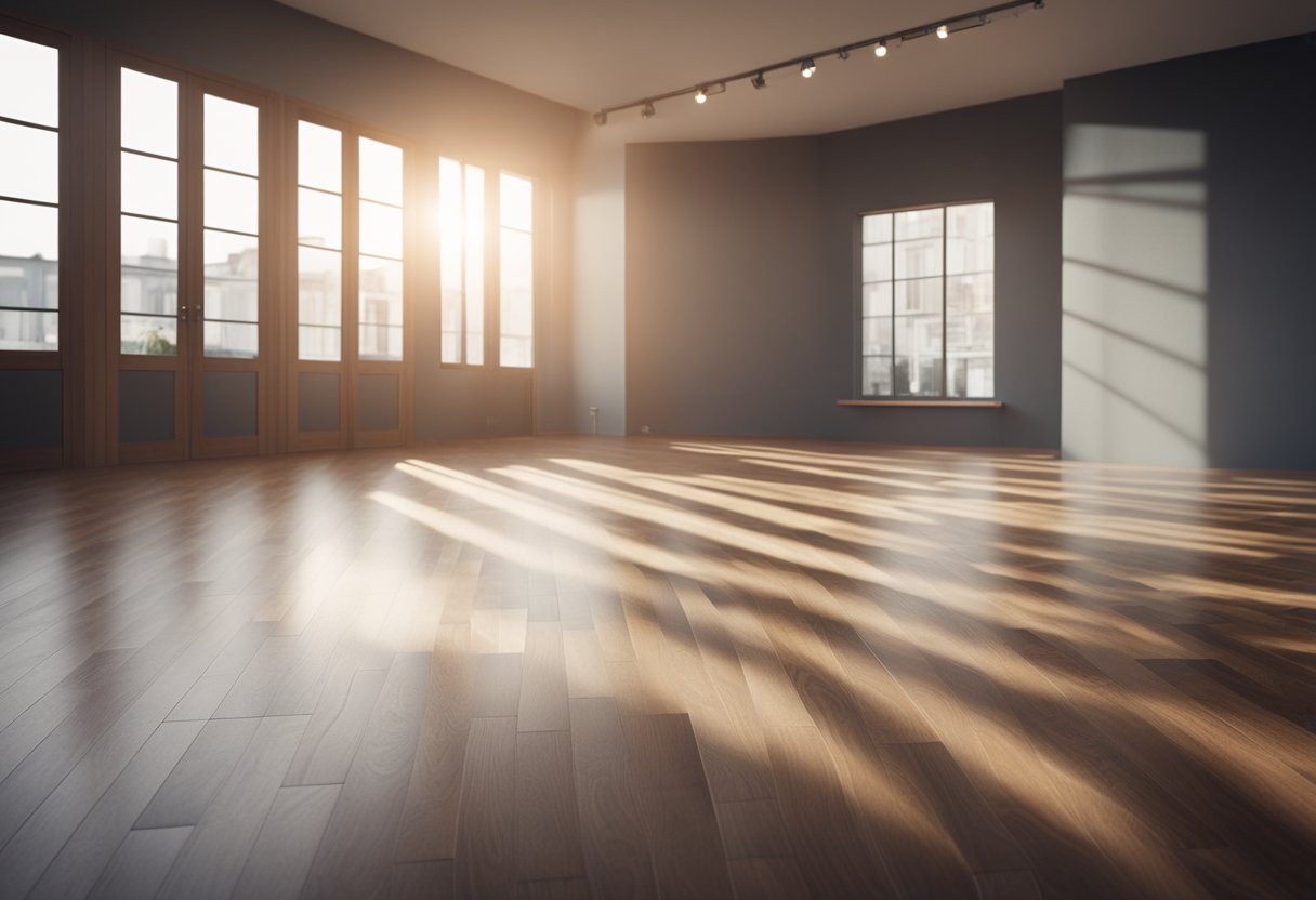 A room with various flooring materials (wood, tile, carpet) labeled with their pros and cons. Light streams in from a window, casting shadows on the floor