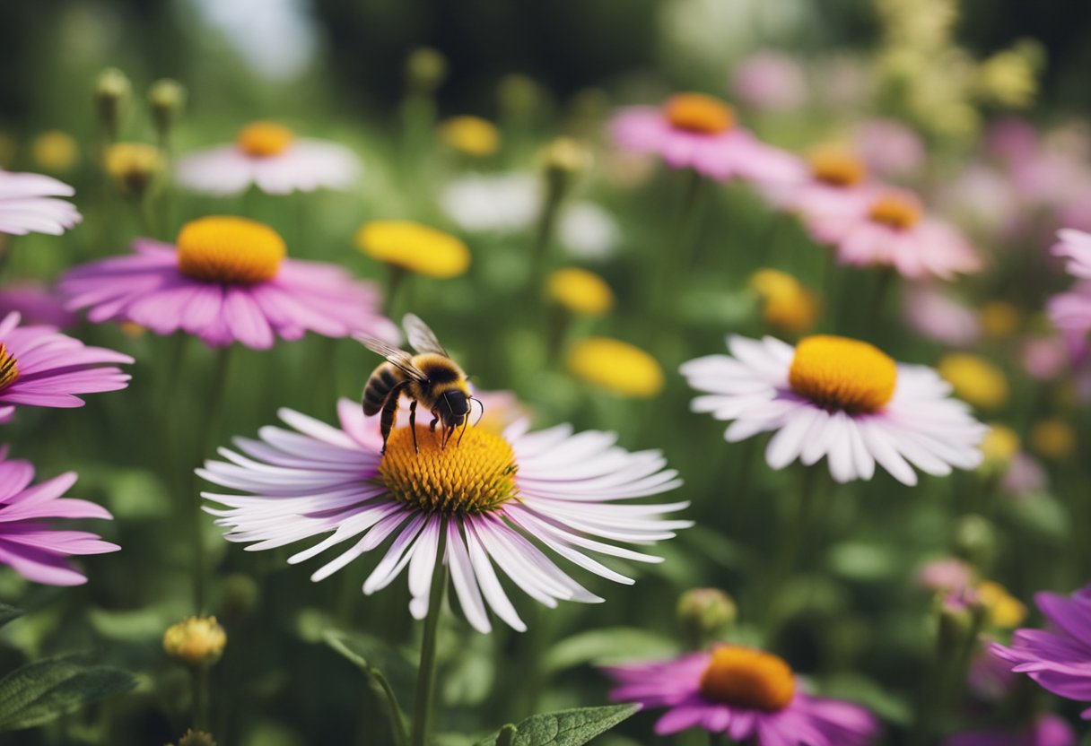 Colorful flowers and buzzing bees in a garden, with signs of bee-friendly plants being introduced