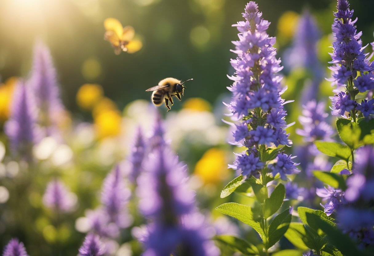 A garden with colorful, bee-friendly plants in bloom, attracting buzzing bees and butterflies. The sun shines down on the thriving greenery