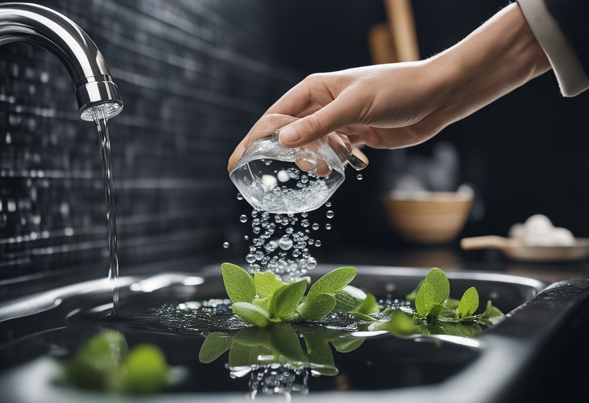 A hand pouring natural ingredients into a clogged drain, with bubbles and debris coming out, illustrating eco-friendly drain maintenance