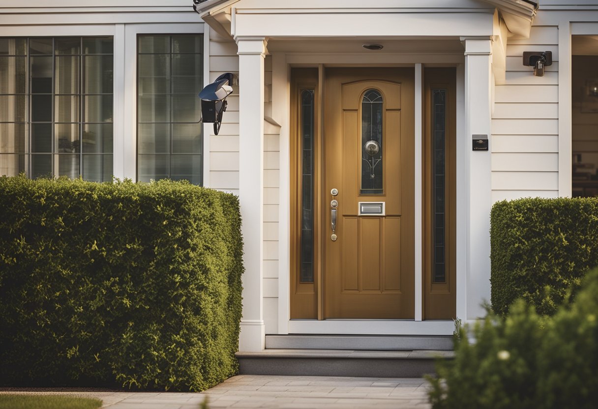 A locked front door with a security camera above, a well-lit exterior, and a sturdy fence surrounding the property