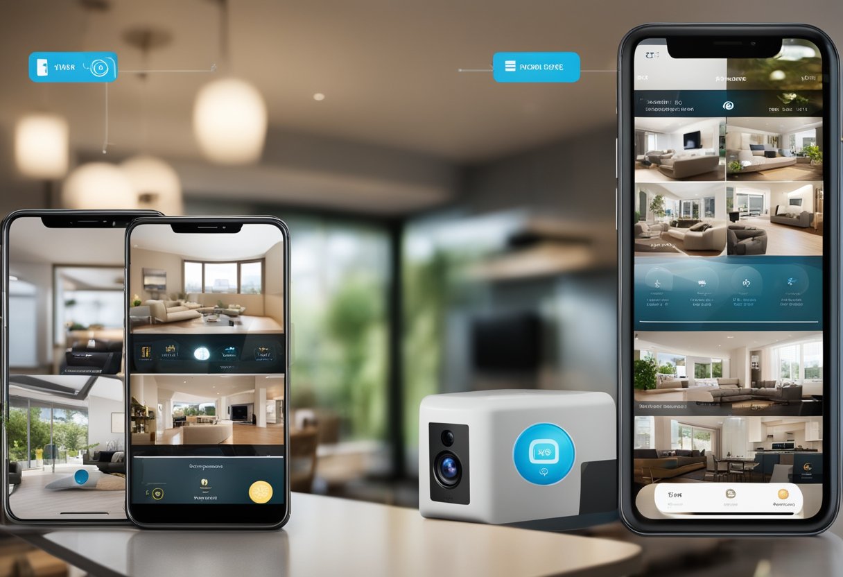 A smart home security system in action, with motion sensors, surveillance cameras, and a smartphone app for remote monitoring