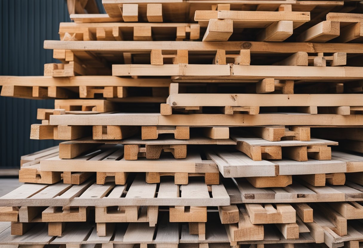 A pile of wooden pallets and various tools arranged for building a budget-friendly sofa